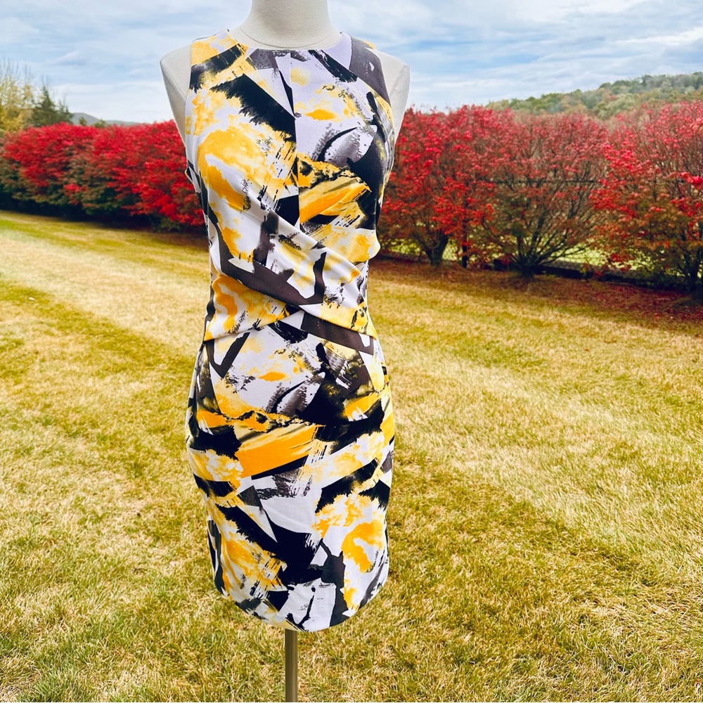 NWT Coeur de Vague Abstract Black Yellow White Sheath Dress US 6/ AU 8